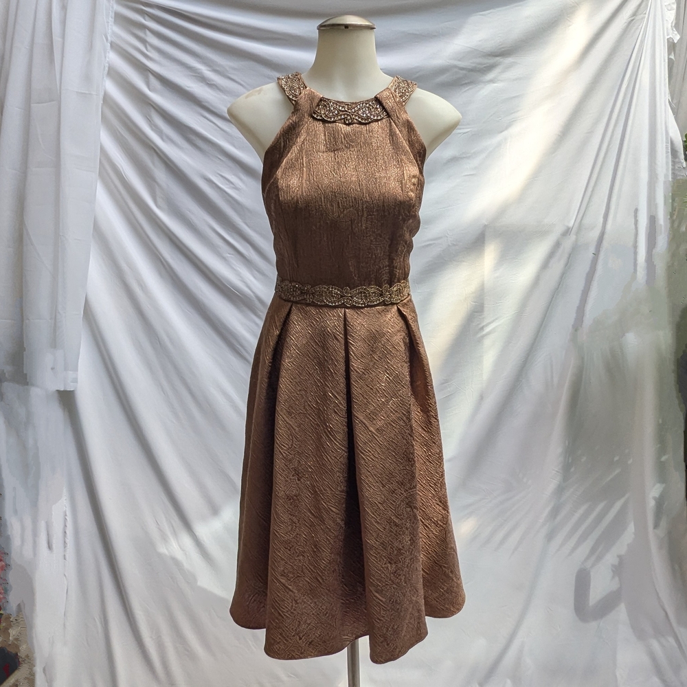 Carmen Marc Valvo Brown Pleated Halter Midi Dress